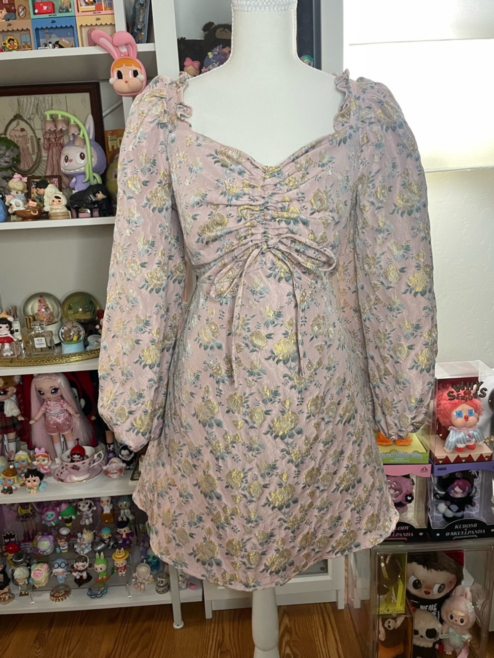 Sister Jane Pink Floral Jacquard Puff Sleeve Mini Dress Size L